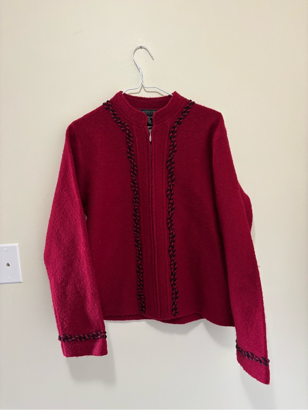 I.B. Diffusion Vintage 100% Wool Full-Zip Red Cardigan Sweater Jacket with Black